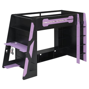 English Elm Twin Loft Bed with Gaming Desk Rgb Lighting Storage Shelves Wood Kids Bedroom LT000160AAI