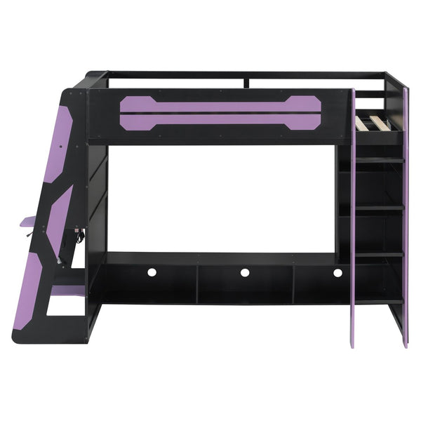English Elm Twin Loft Bed with Gaming Desk Rgb Lighting Storage Shelves Wood Kids Bedroom LT000160AAI