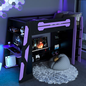 English Elm Twin Loft Bed with Gaming Desk Rgb Lighting Storage Shelves Wood Kids Bedroom LT000160AAI