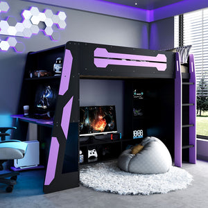 English Elm Twin Loft Bed with Gaming Desk Rgb Lighting Storage Shelves Wood Kids Bedroom LT000160AAI