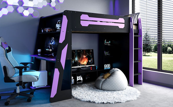 English Elm Twin Loft Bed with Gaming Desk Rgb Lighting Storage Shelves Wood Kids Bedroom LT000160AAI
