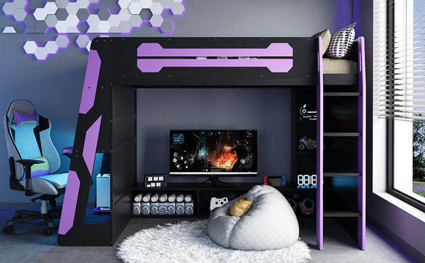 English Elm Twin Loft Bed with Gaming Desk Rgb Lighting Storage Shelves Wood Kids Bedroom LT000160AAI