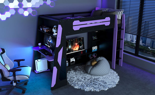 English Elm Twin Loft Bed with Gaming Desk Rgb Lighting Storage Shelves Wood Kids Bedroom LT000160AAI