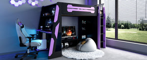 English Elm Twin Loft Bed with Gaming Desk Rgb Lighting Storage Shelves Wood Kids Bedroom LT000160AAI