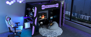 English Elm Twin Loft Bed with Gaming Desk Rgb Lighting Storage Shelves Wood Kids Bedroom LT000160AAI