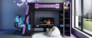 English Elm Twin Loft Bed with Gaming Desk Rgb Lighting Storage Shelves Wood Kids Bedroom LT000160AAI