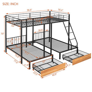 English Elm Full Over Twin Triple Bunk Bed Matte Black Metal Frame with Drawers and Guardrails LT000222AAB-1