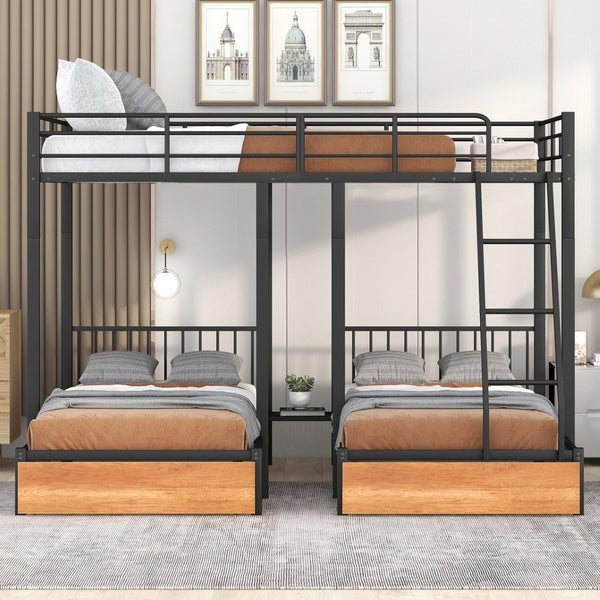 English Elm Full Over Twin Triple Bunk Bed Matte Black Metal Frame with Drawers and Guardrails LT000222AAB-1