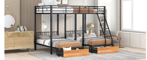 English Elm Full Over Twin Triple Bunk Bed Matte Black Metal Frame with Drawers and Guardrails LT000222AAB-1