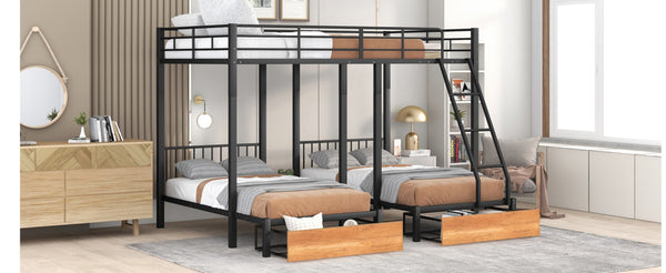 English Elm Full Over Twin Triple Bunk Bed Matte Black Metal Frame with Drawers and Guardrails LT000222AAB-1
