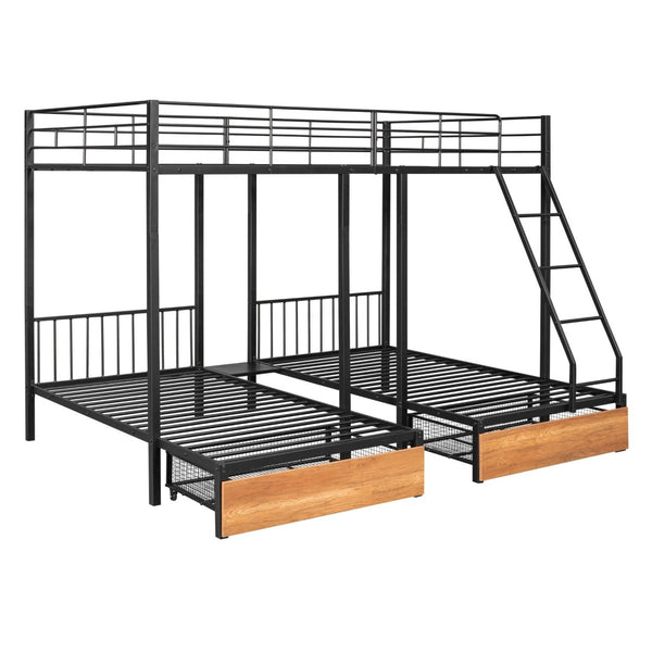 English Elm Full Over Twin Triple Bunk Bed Matte Black Metal Frame with Drawers and Guardrails LT000222AAB-1