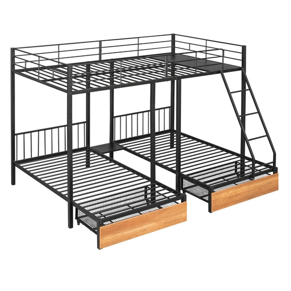 English Elm Full Over Twin Triple Bunk Bed Matte Black Metal Frame with Drawers and Guardrails LT000222AAB-1