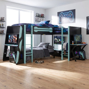 English Elm Queen Murphy Wall Bed with Five Shelf Cabinet MDF Plywood Studio Space Saver Blue LT000245AAC