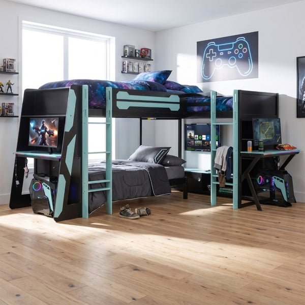 English Elm Queen Murphy Wall Bed with Five Shelf Cabinet MDF Plywood Studio Space Saver Blue LT000245AAC