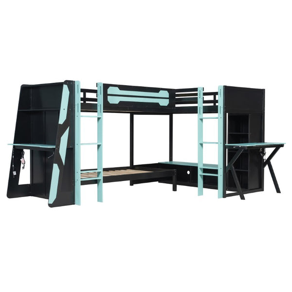 English Elm Queen Murphy Wall Bed with Five Shelf Cabinet MDF Plywood Studio Space Saver Blue LT000245AAC