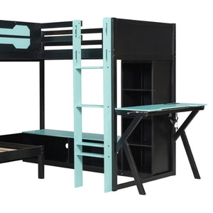 English Elm Queen Murphy Wall Bed with Five Shelf Cabinet MDF Plywood Studio Space Saver Blue LT000245AAC