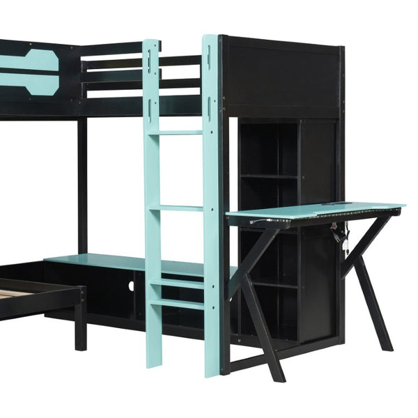 English Elm Queen Murphy Wall Bed with Five Shelf Cabinet MDF Plywood Studio Space Saver Blue LT000245AAC