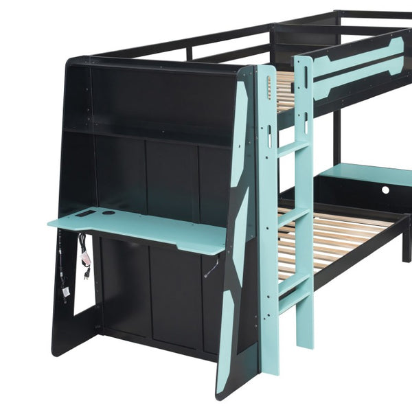 English Elm Queen Murphy Wall Bed with Five Shelf Cabinet MDF Plywood Studio Space Saver Blue LT000245AAC