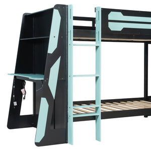 English Elm Queen Murphy Wall Bed with Five Shelf Cabinet MDF Plywood Studio Space Saver Blue LT000245AAC