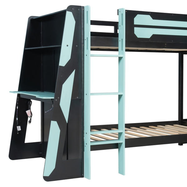 English Elm Queen Murphy Wall Bed with Five Shelf Cabinet MDF Plywood Studio Space Saver Blue LT000245AAC