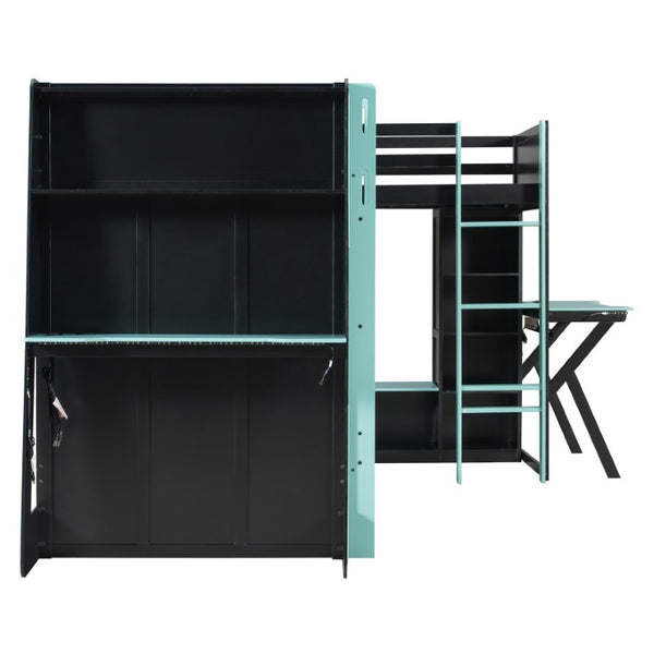 English Elm Queen Murphy Wall Bed with Five Shelf Cabinet MDF Plywood Studio Space Saver Blue LT000245AAC