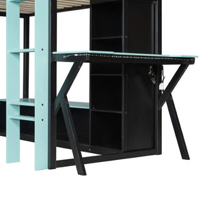English Elm Queen Murphy Wall Bed with Five Shelf Cabinet MDF Plywood Studio Space Saver Blue LT000245AAC