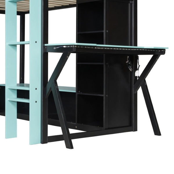 English Elm Queen Murphy Wall Bed with Five Shelf Cabinet MDF Plywood Studio Space Saver Blue LT000245AAC