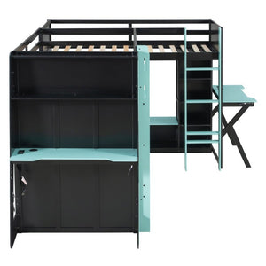 English Elm Queen Murphy Wall Bed with Five Shelf Cabinet MDF Plywood Studio Space Saver Blue LT000245AAC