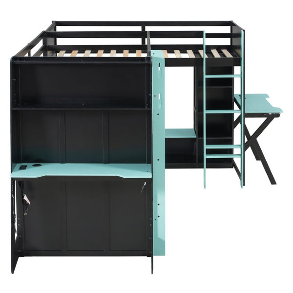 English Elm Queen Murphy Wall Bed with Five Shelf Cabinet MDF Plywood Studio Space Saver Blue LT000245AAC