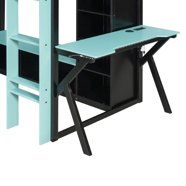 English Elm Queen Murphy Wall Bed with Five Shelf Cabinet MDF Plywood Studio Space Saver Blue LT000245AAC