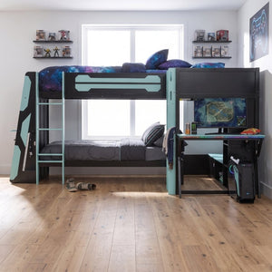 English Elm Queen Murphy Wall Bed with Five Shelf Cabinet MDF Plywood Studio Space Saver Blue LT000245AAC