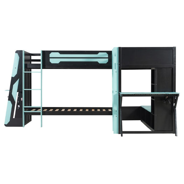 English Elm Queen Murphy Wall Bed with Five Shelf Cabinet MDF Plywood Studio Space Saver Blue LT000245AAC