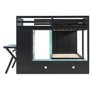 English Elm Queen Murphy Wall Bed with Five Shelf Cabinet MDF Plywood Studio Space Saver Blue LT000245AAC