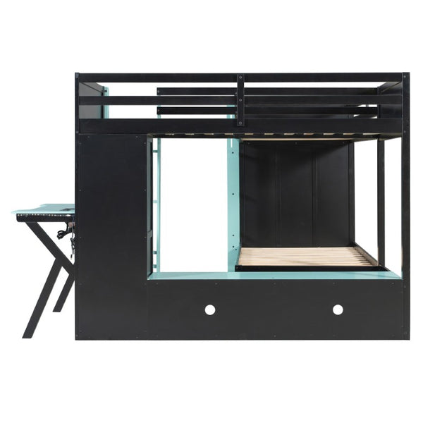 English Elm Queen Murphy Wall Bed with Five Shelf Cabinet MDF Plywood Studio Space Saver Blue LT000245AAC