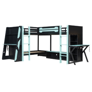 English Elm Queen Murphy Wall Bed with Five Shelf Cabinet MDF Plywood Studio Space Saver Blue LT000245AAC