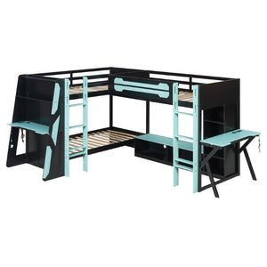 English Elm Queen Murphy Wall Bed with Five Shelf Cabinet MDF Plywood Studio Space Saver Blue LT000245AAC