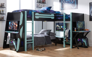 English Elm Queen Murphy Wall Bed with Five Shelf Cabinet MDF Plywood Studio Space Saver Blue LT000245AAC