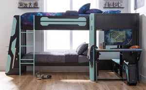 English Elm Queen Murphy Wall Bed with Five Shelf Cabinet MDF Plywood Studio Space Saver Blue LT000245AAC