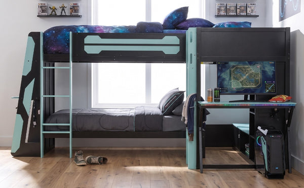 English Elm Queen Murphy Wall Bed with Five Shelf Cabinet MDF Plywood Studio Space Saver Blue LT000245AAC