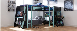 English Elm Queen Murphy Wall Bed with Five Shelf Cabinet MDF Plywood Studio Space Saver Blue LT000245AAC