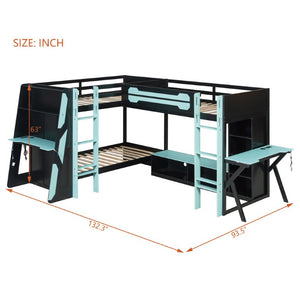 English Elm Queen Murphy Wall Bed with Five Shelf Cabinet MDF Plywood Studio Space Saver Blue LT000245AAC