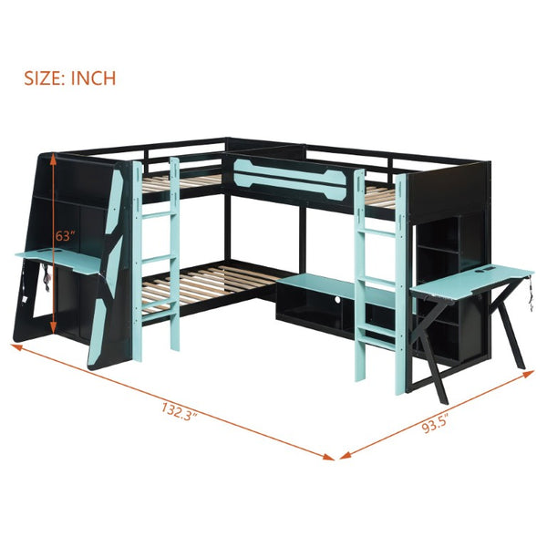 English Elm Queen Murphy Wall Bed with Five Shelf Cabinet MDF Plywood Studio Space Saver Blue LT000245AAC