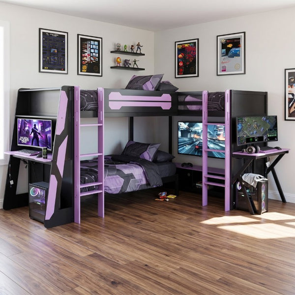 English Elm Queen Murphy Wall Bed with Five Shelf Cabinet MDF Plywood Studio Space Saver Purple LT000245AAI