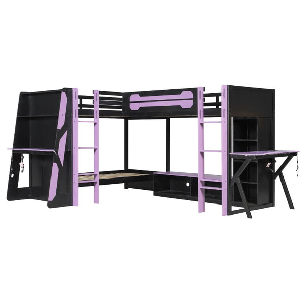 English Elm Queen Murphy Wall Bed with Five Shelf Cabinet MDF Plywood Studio Space Saver Purple LT000245AAI
