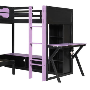 English Elm Queen Murphy Wall Bed with Five Shelf Cabinet MDF Plywood Studio Space Saver Purple LT000245AAI