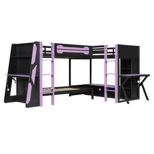 English Elm Queen Murphy Wall Bed with Five Shelf Cabinet MDF Plywood Studio Space Saver Purple LT000245AAI