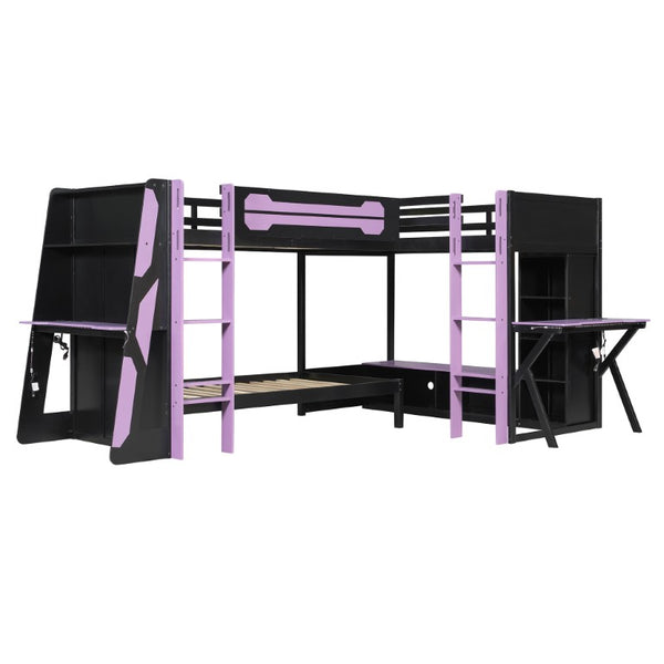 English Elm Queen Murphy Wall Bed with Five Shelf Cabinet MDF Plywood Studio Space Saver Purple LT000245AAI