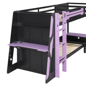 English Elm Queen Murphy Wall Bed with Five Shelf Cabinet MDF Plywood Studio Space Saver Purple LT000245AAI