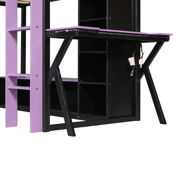 English Elm Queen Murphy Wall Bed with Five Shelf Cabinet MDF Plywood Studio Space Saver Purple LT000245AAI