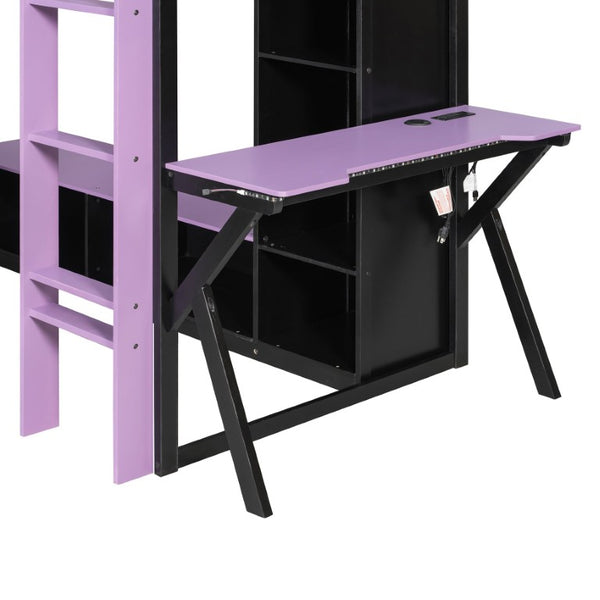 English Elm Queen Murphy Wall Bed with Five Shelf Cabinet MDF Plywood Studio Space Saver Purple LT000245AAI